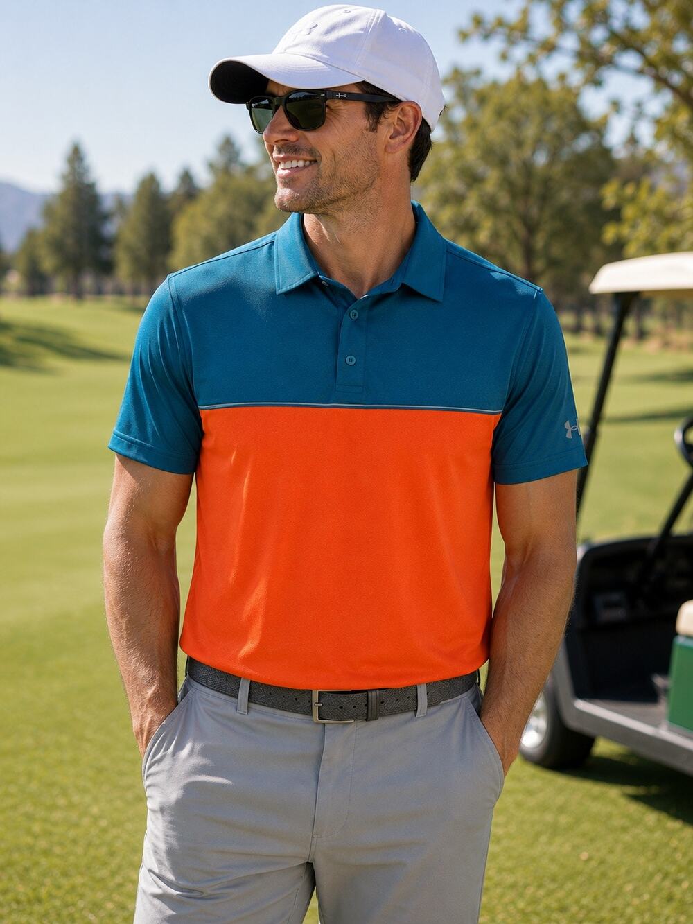 Under Armour Threadborne HeatGear Golf Polo Orange Blue Large UPF 30+